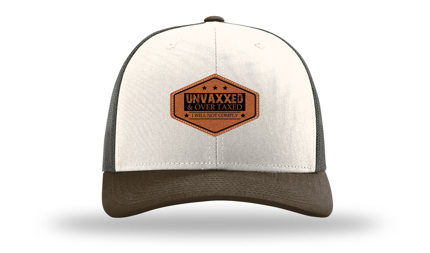 Unvaxxed and Over Taxed Leather Patch Richardson 112 Hat-Cream / Gray Brown / Brown