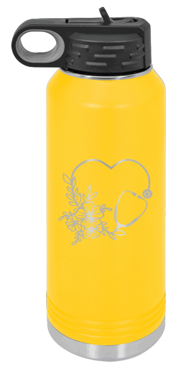 Heart Flowers Stethoscope - 32oz Water Bottle Laser Engraved- Yellow