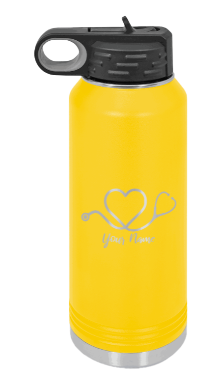 Heart Stethoscope with Name - 32oz Water Bottle Laser Engraved- Yellow