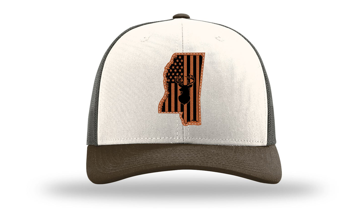 MS Cutout American Flag Deer Leather Patch Richardson 112 Hat-Cream / Gray Brown / Brown