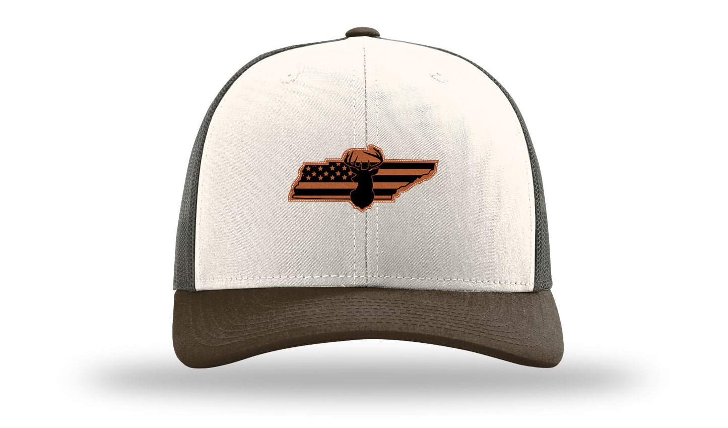 TN Cutout American Flag Deer Leather Patch Richardson 112 Hat-Cream / Gray Brown / Brown