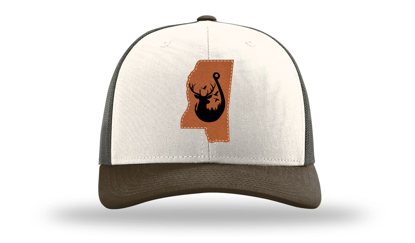MS Cutout Bucks & Ducks Leather Patch Richardson 112 Hat-Cream / Gray Brown / Brown