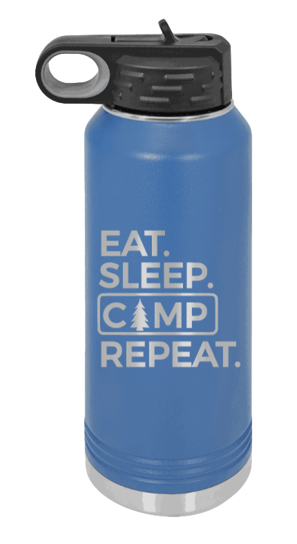 Eat Sleep Camp Repeat - 32oz Water Bottle Laser Engraved- Royal Blue