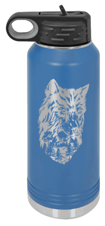Wolf With Trees - 32oz Water Bottle Laser Engraved- Royal Blue