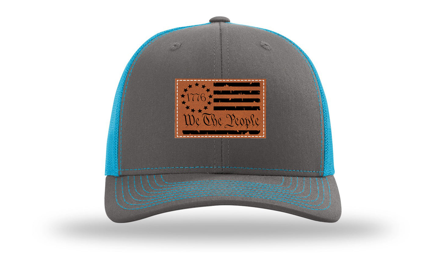1776 We The People Flag Leather Patch Richardson 112 Hat-Charcoal / Neon Blue