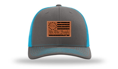 1776 We The People Flag Leather Patch Richardson 112 Hat-Charcoal / Neon Blue