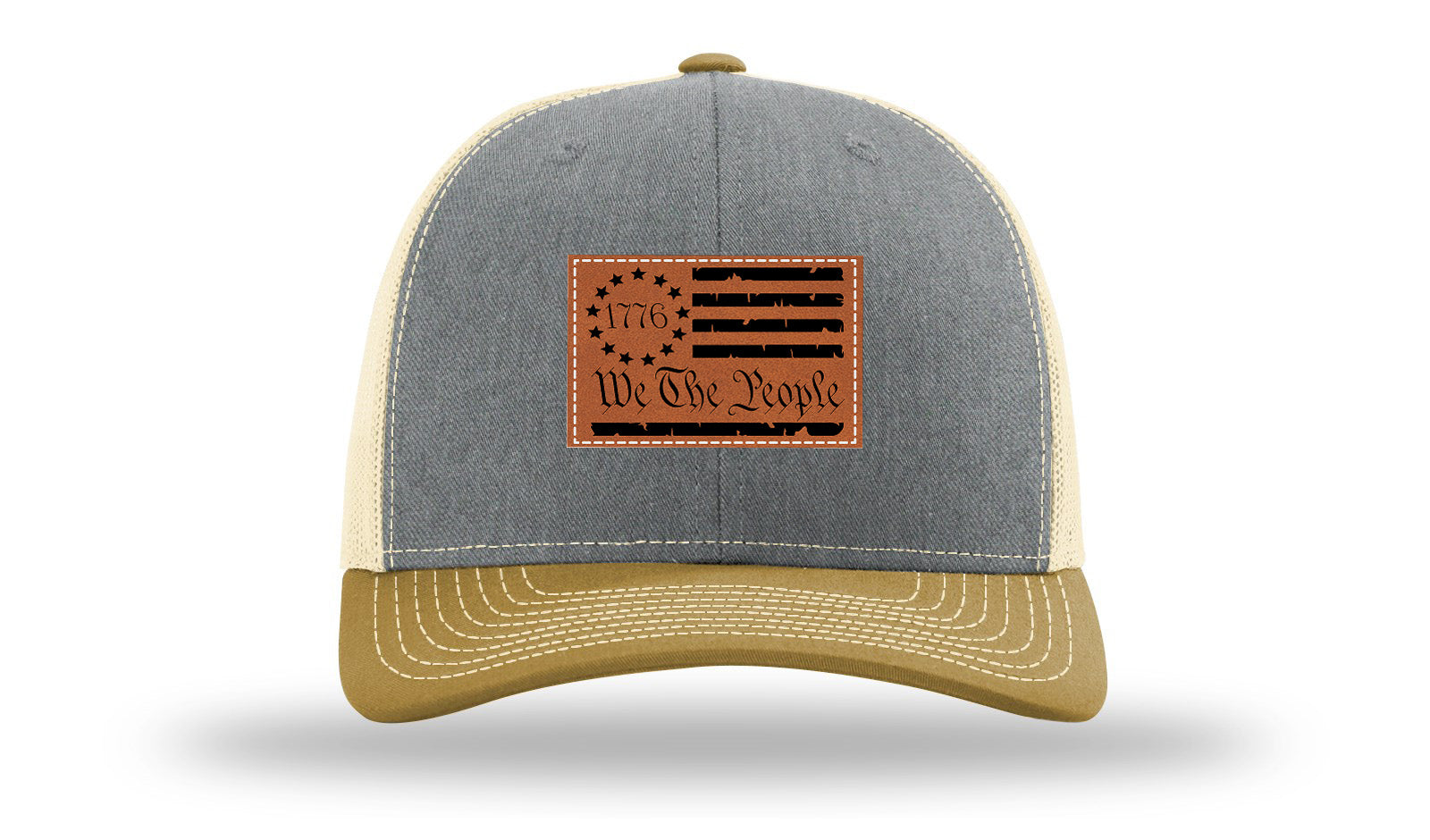 1776 We The People Flag Leather Patch Richardson 112 Hat-Heather Grey / Birch / Amber Gold
