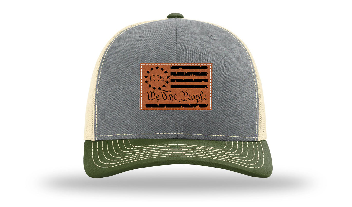 1776 We The People Flag Leather Patch Richardson 112 Hat-Heather Grey / Birch / Army Olive