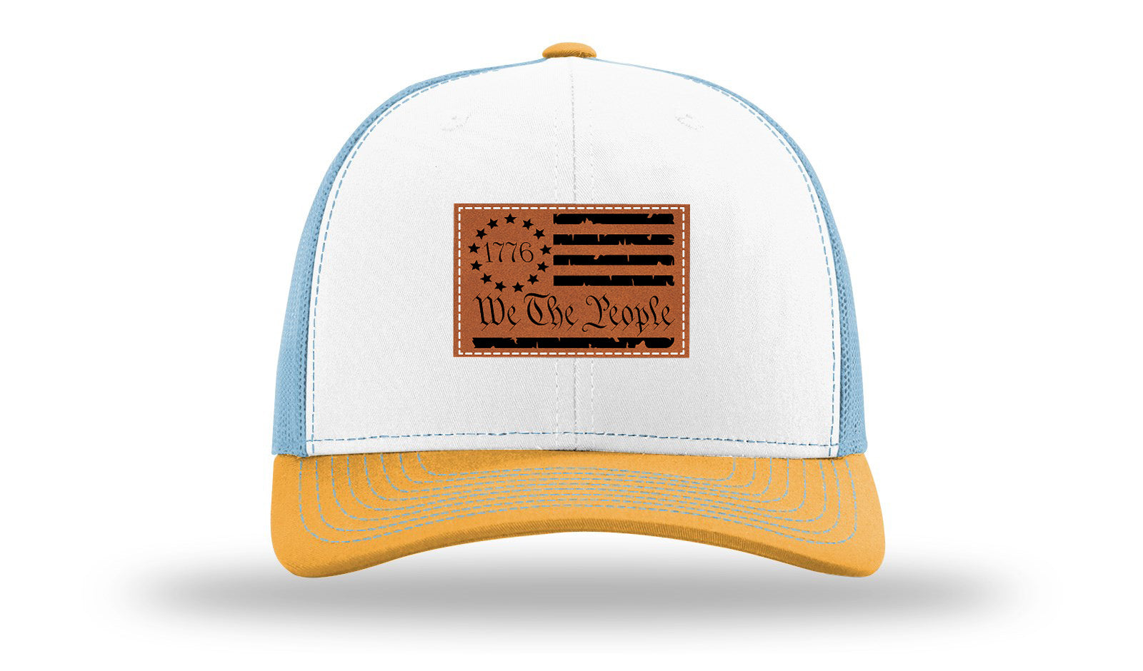 1776 We The People Flag Leather Patch Richardson 112 Hat-White / Columbia Blue / Yellow