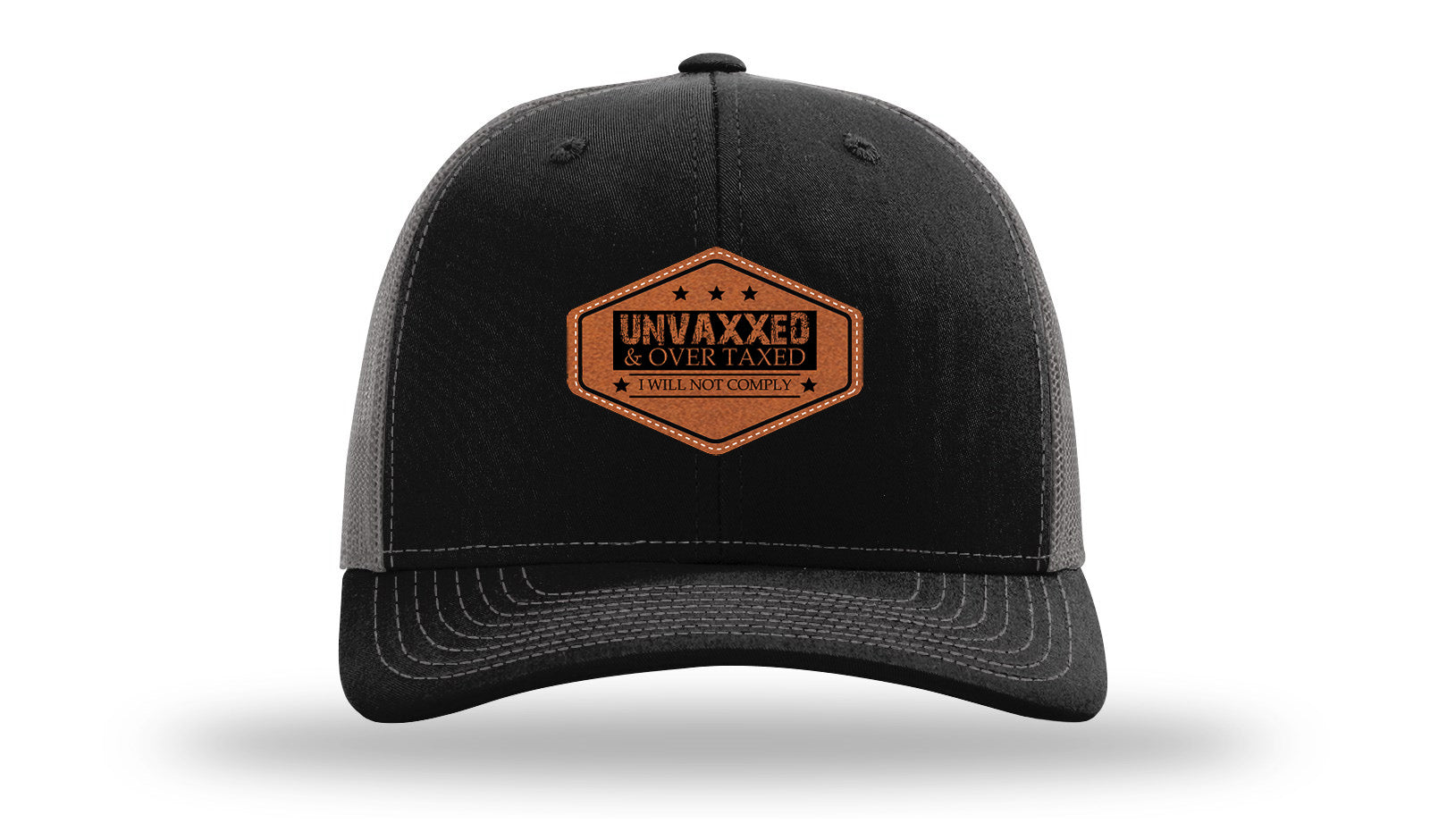 Unvaxxed and Over Taxed Leather Patch Richardson 112 Hat-Black / Charcoal