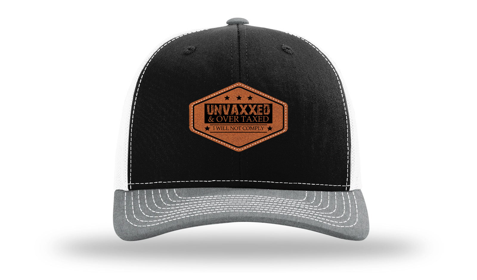 Unvaxxed and Over Taxed Leather Patch Richardson 112 Hat-Black / White / Heather Grey