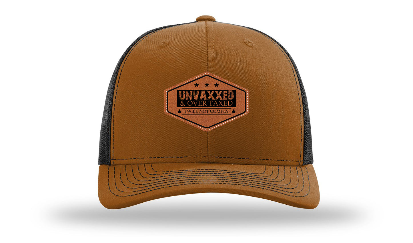 Unvaxxed and Over Taxed Leather Patch Richardson 112 Hat-Caramel / Black