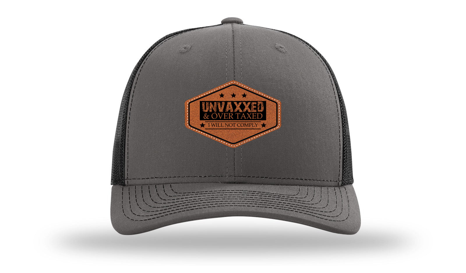 Unvaxxed and Over Taxed Leather Patch Richardson 112 Hat-Charcoal / Black