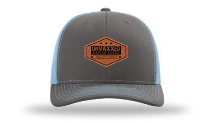 Unvaxxed and Over Taxed Leather Patch Richardson 112 Hat-Charcoal / Columbia Blue