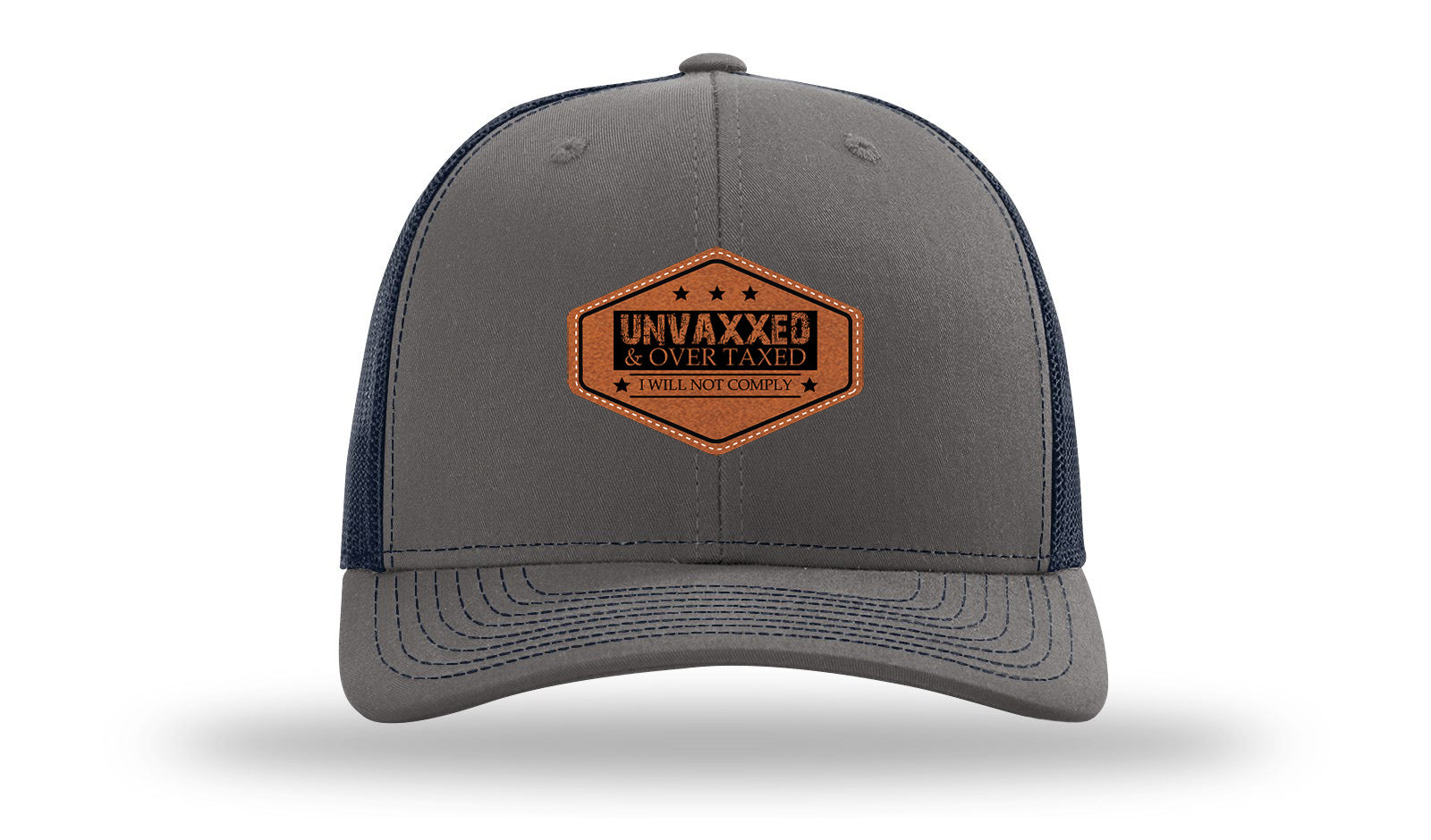 Unvaxxed and Over Taxed Leather Patch Richardson 112 Hat-Charcoal / Navy