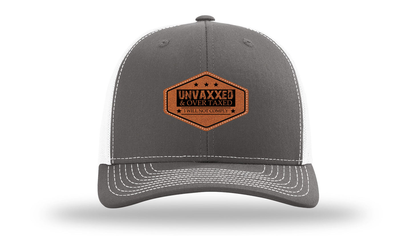 Unvaxxed and Over Taxed Leather Patch Richardson 112 Hat-Charcoal / White