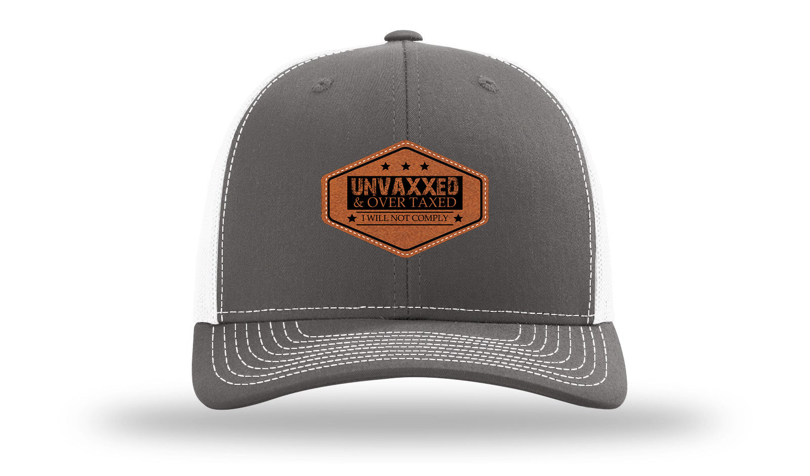 Unvaxxed and Over Taxed Leather Patch Richardson 112 Hat-Charcoal / White