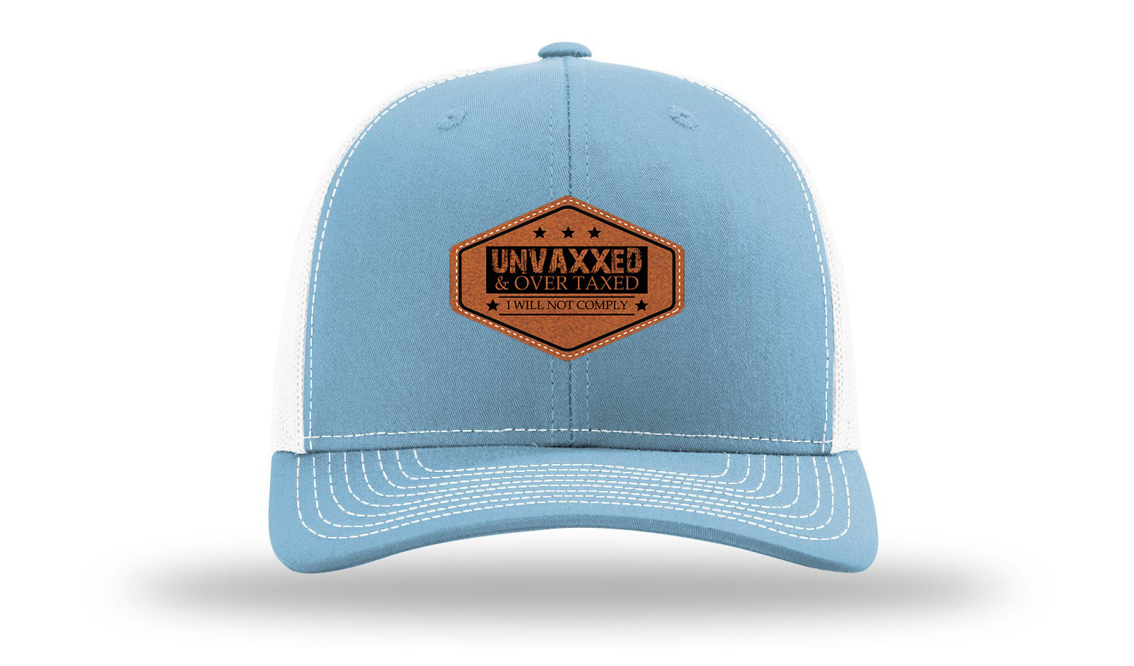 Unvaxxed and Over Taxed Leather Patch Richardson 112 Hat-Columbia Blue / White