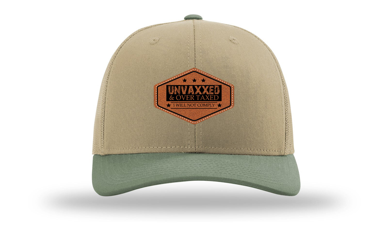 Unvaxxed and Over Taxed Leather Patch Richardson 112 Hat-Khaki / Loden - CMB