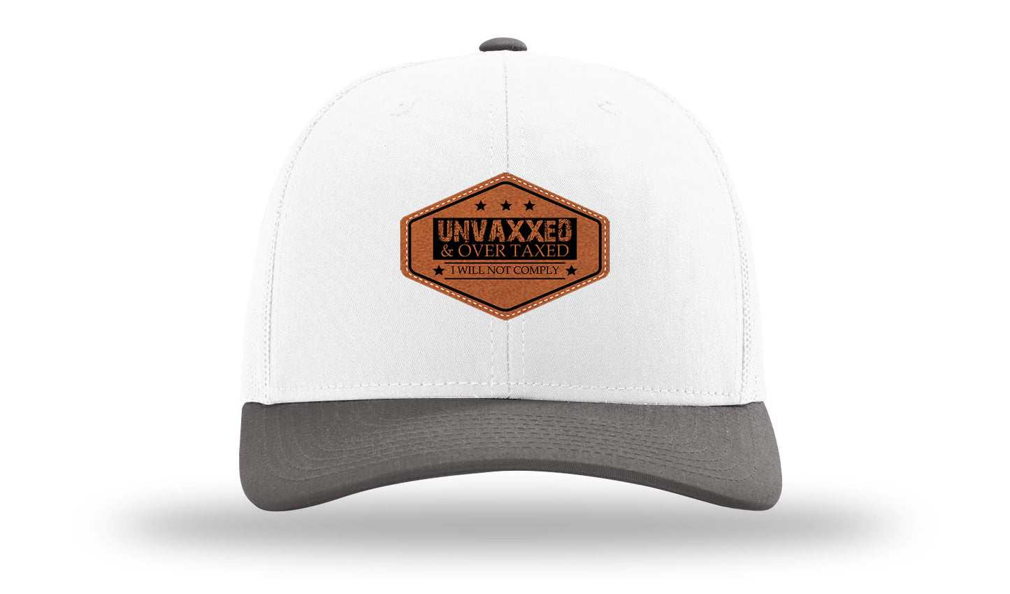 Unvaxxed and Over Taxed Leather Patch Richardson 112 Hat-White / Charcaol - CMB 