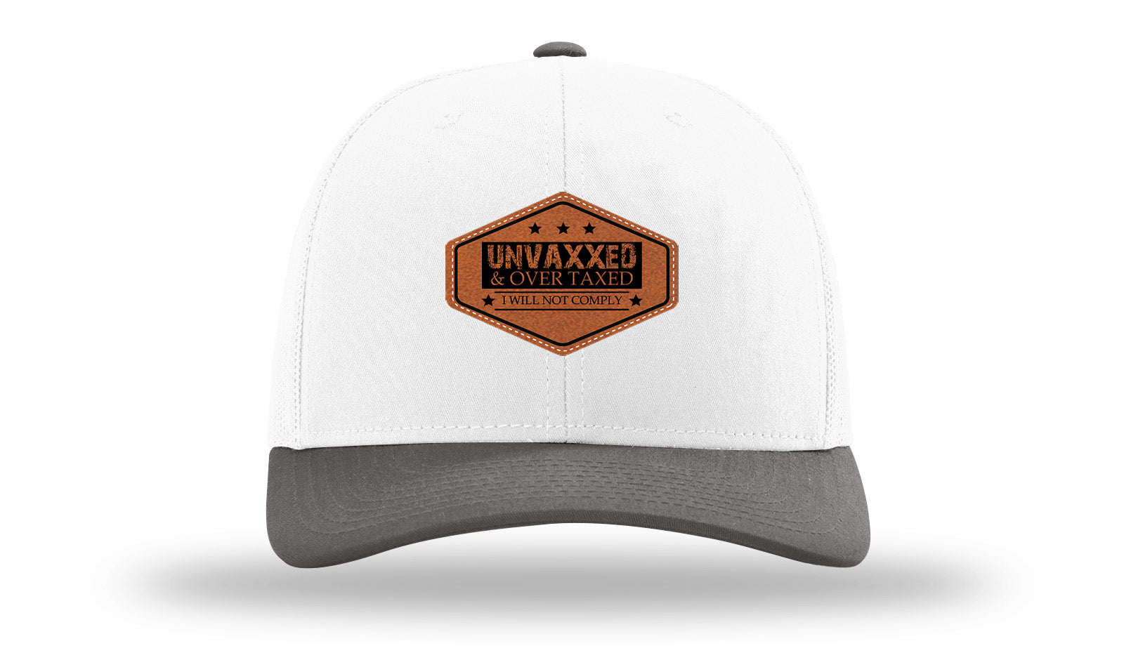 Unvaxxed and Over Taxed Leather Patch Richardson 112 Hat-White / Charcaol - CMB 