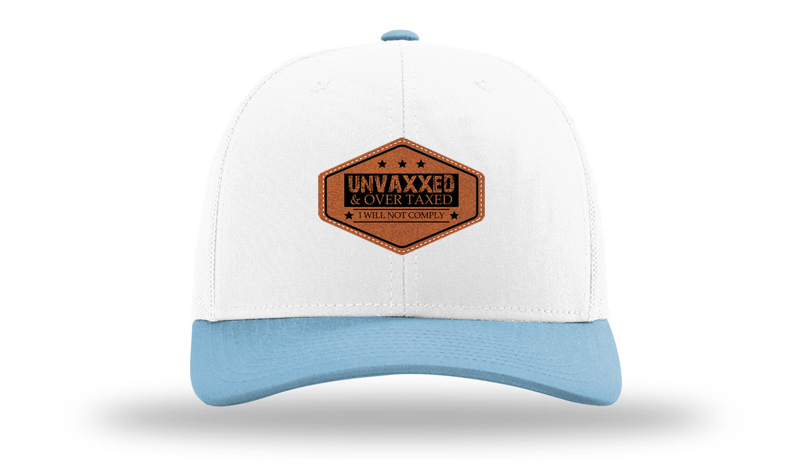 Unvaxxed and Over Taxed Leather Patch Richardson 112 Hat-White /Columbia Blue - CMB