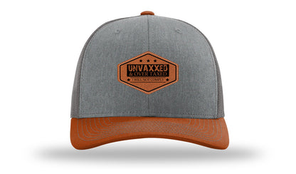 Unvaxxed and Over Taxed Leather Patch Richardson 112 Hat-Heather Grey / Charcoal / Dark Orange