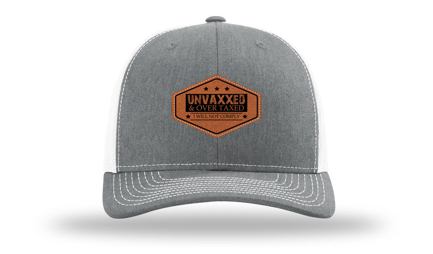 Unvaxxed and Over Taxed Leather Patch Richardson 112 Hat-Heather Grey / White