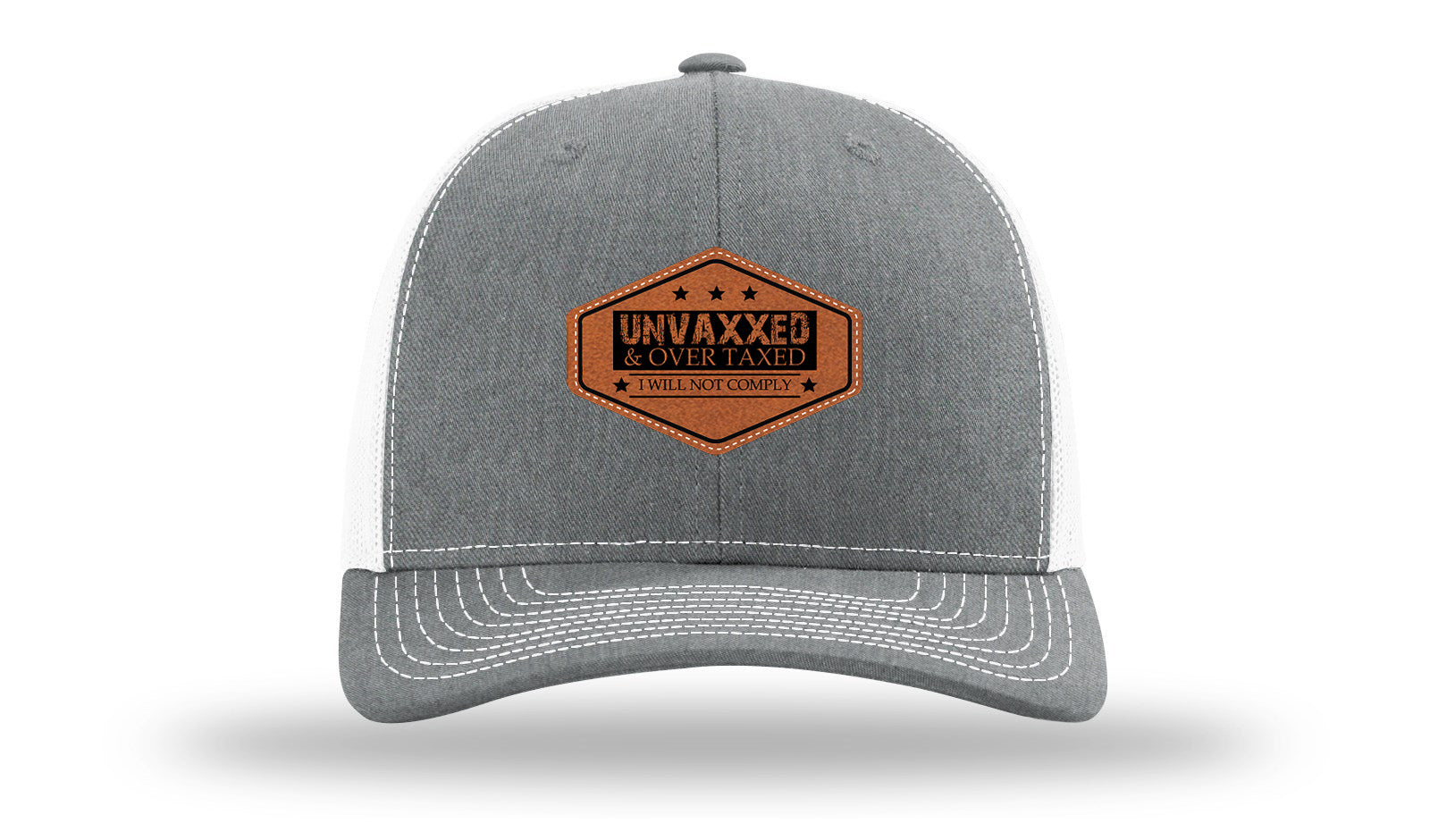 Unvaxxed and Over Taxed Leather Patch Richardson 112 Hat-Heather Grey / White
