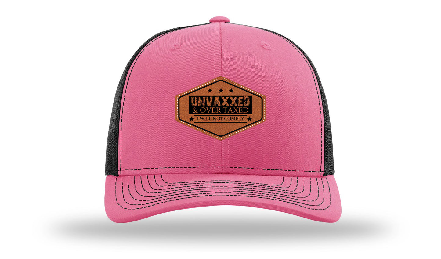Unvaxxed and Over Taxed Leather Patch Richardson 112 Hat-Hot Pink / Black