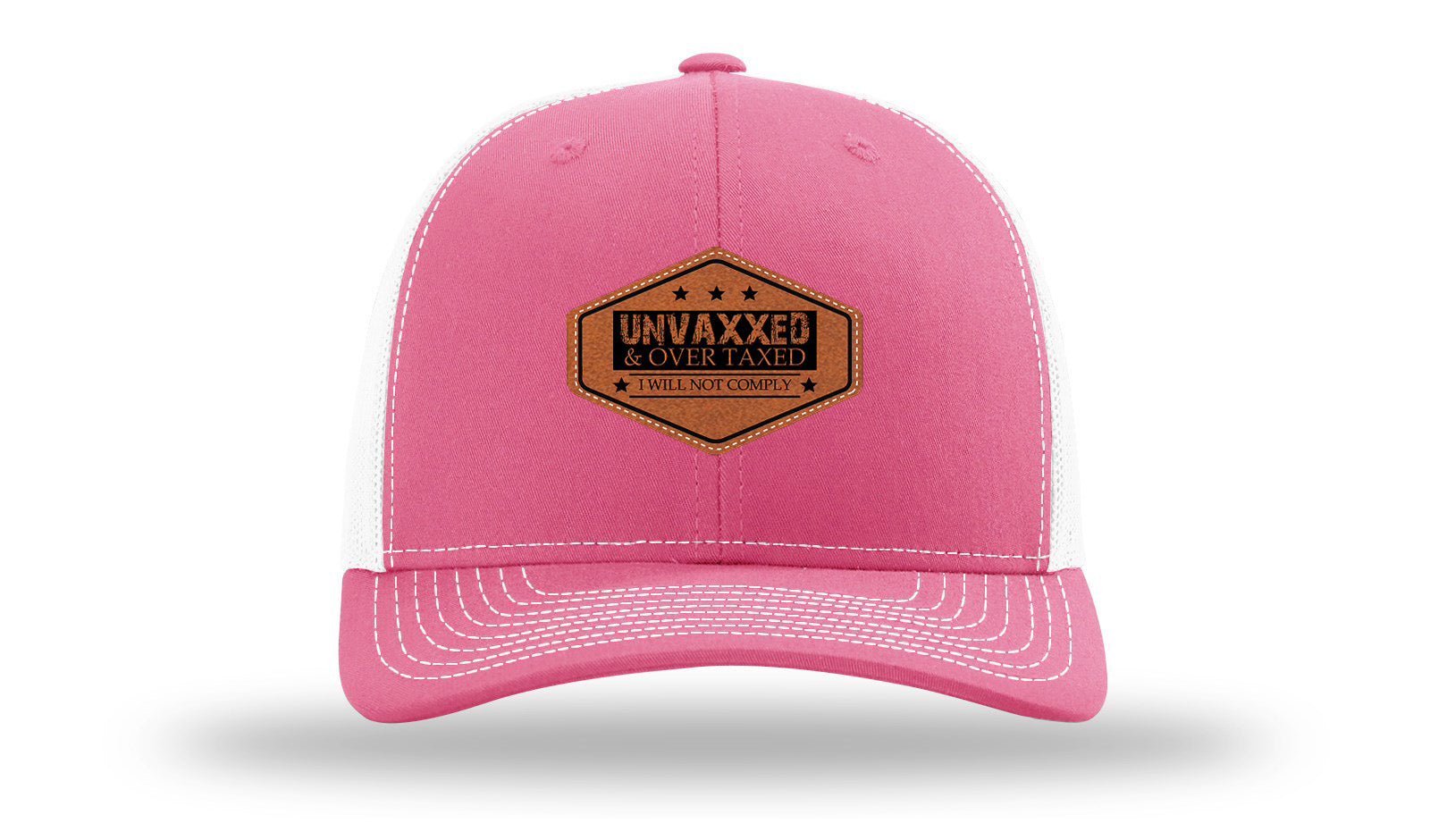 Unvaxxed and Over Taxed Leather Patch Richardson 112 Hat-Hot Pink / White