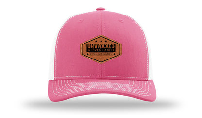 Unvaxxed and Over Taxed Leather Patch Richardson 112 Hat-Hot Pink / White
