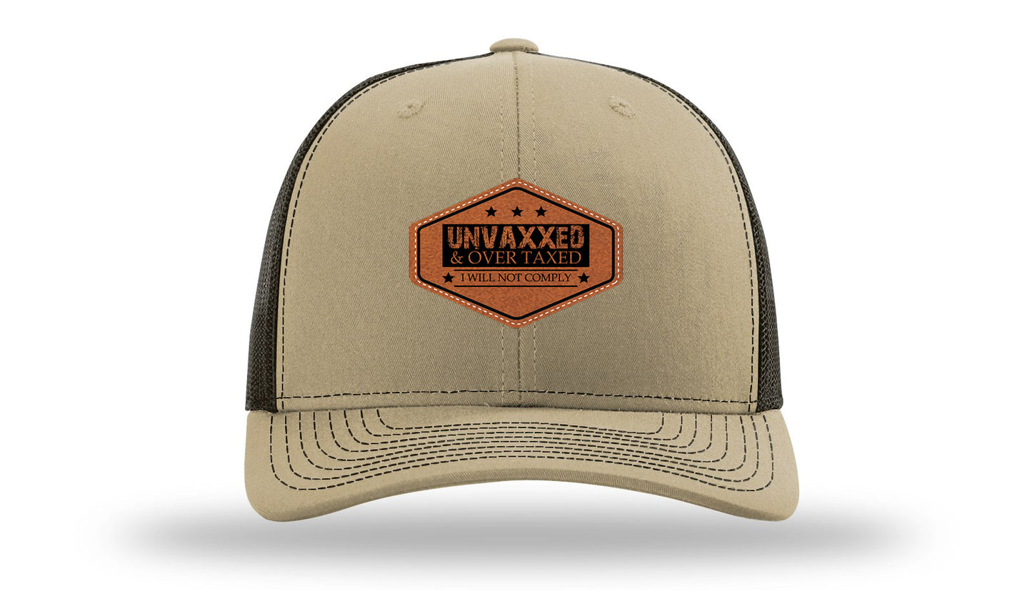 Unvaxxed and Over Taxed Leather Patch Richardson 112 Hat-Khaki / Coffee