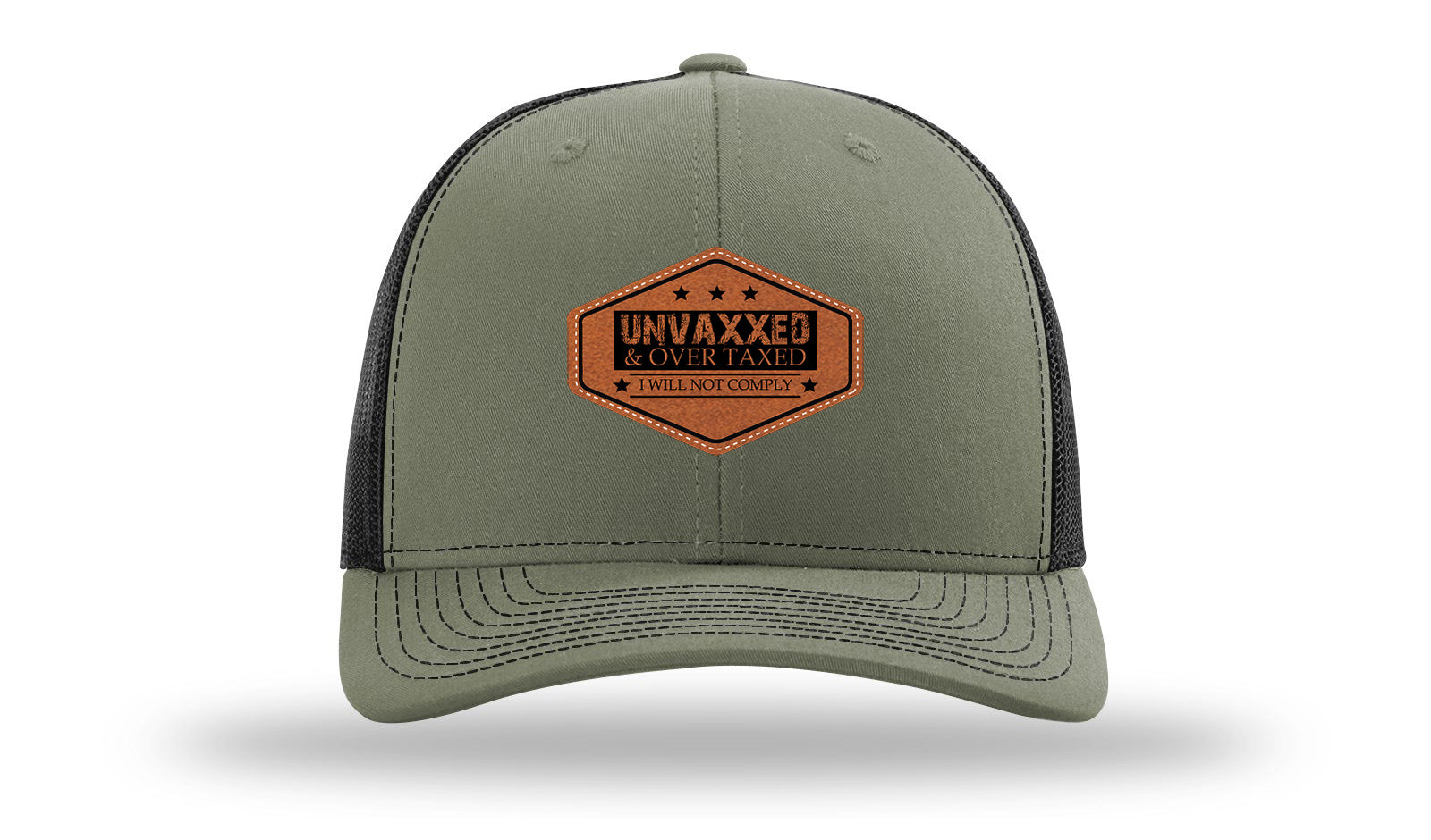 Unvaxxed and Over Taxed Leather Patch Richardson 112 Hat-Loden / Black
