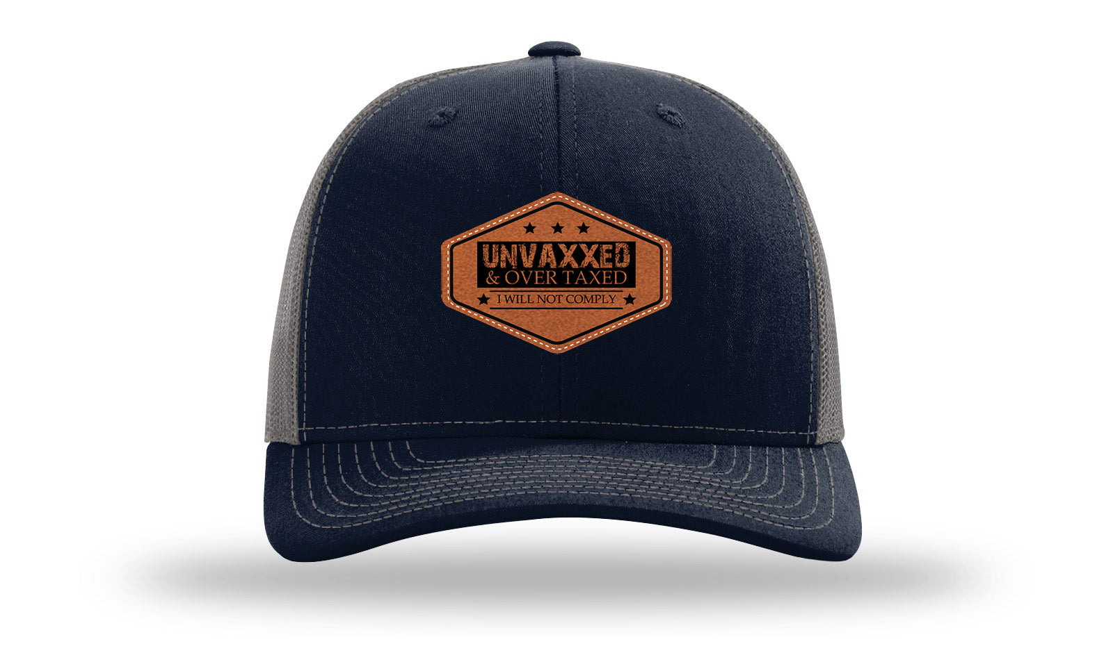 Unvaxxed and Over Taxed Leather Patch Richardson 112 Hat-Navy / Charcoal