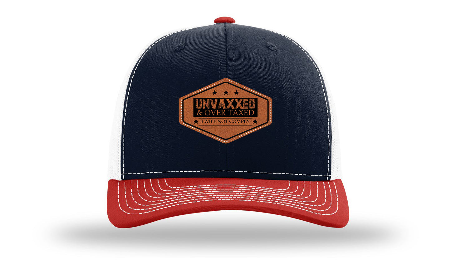 Unvaxxed and Over Taxed Leather Patch Richardson 112 Hat-Navy / White / Red