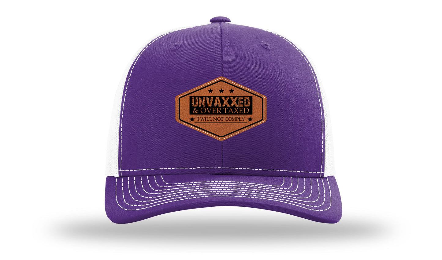 Unvaxxed and Over Taxed Leather Patch Richardson 112 Hat-Purple / White