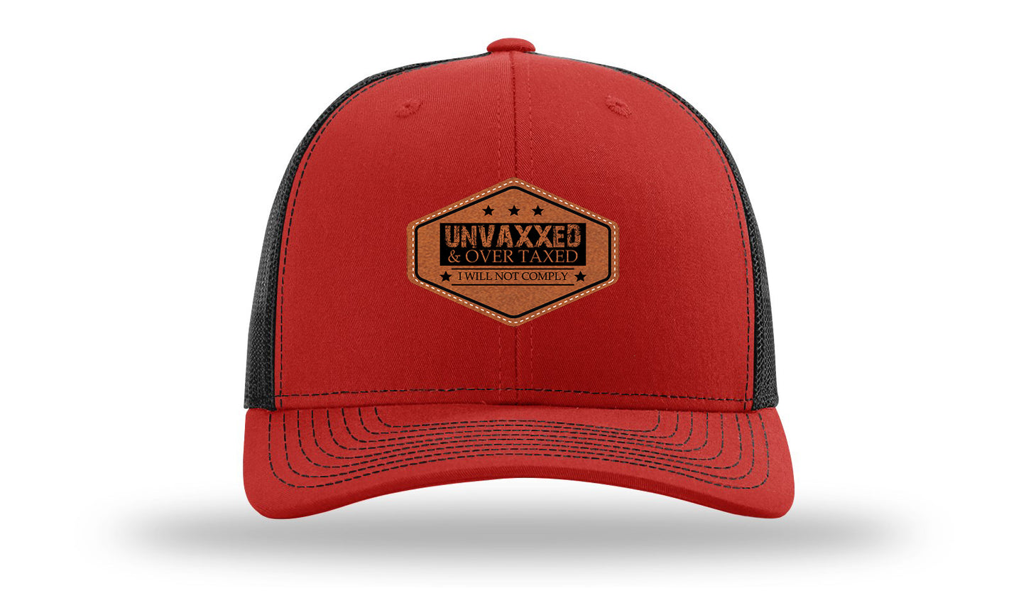 Unvaxxed and Over Taxed Leather Patch Richardson 112 Hat-Red / Black