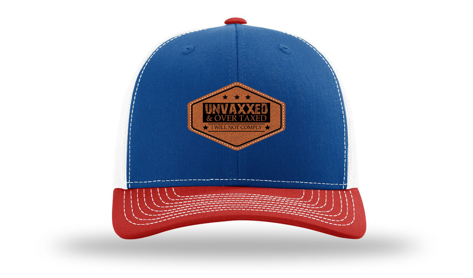 Unvaxxed and Over Taxed Leather Patch Richardson 112 Hat-Royal / White / Red