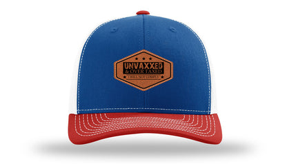 Unvaxxed and Over Taxed Leather Patch Richardson 112 Hat-Royal / White / Red