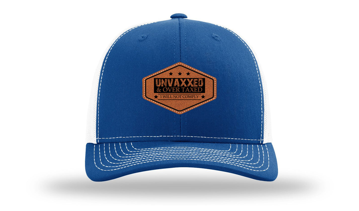 Unvaxxed and Over Taxed Leather Patch Richardson 112 Hat-Royal / White