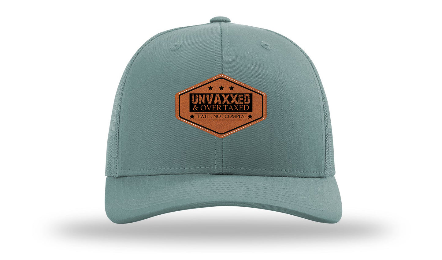 Unvaxxed and Over Taxed Leather Patch Richardson 112 Hat-Smoke Blue