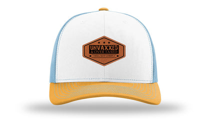 Unvaxxed and Over Taxed Leather Patch Richardson 112 Hat-White / Columbia Blue / Yellow