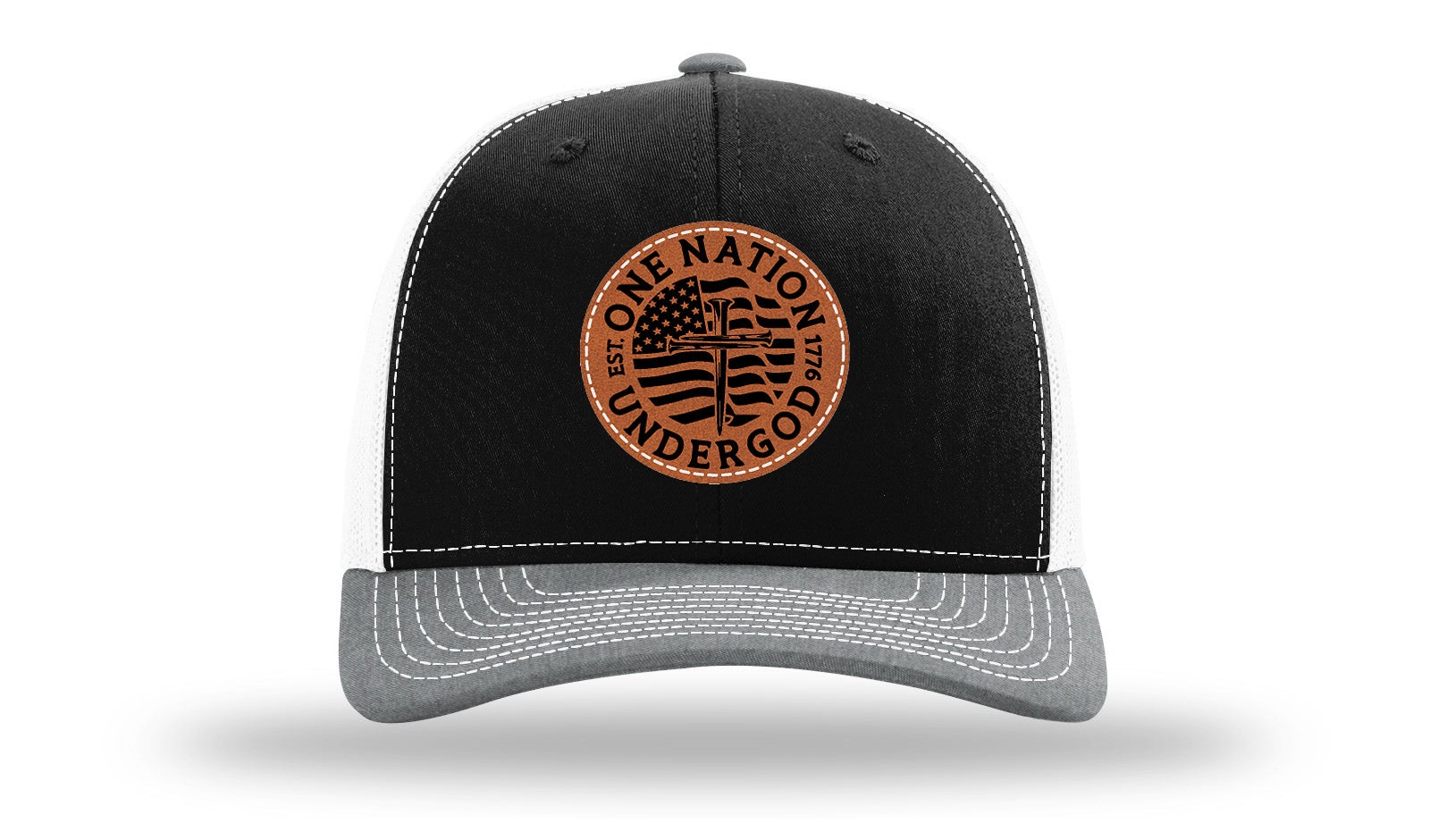 One Nation Under God Leather Patch Richardson 112 Hat-Black / White / Heather Grey