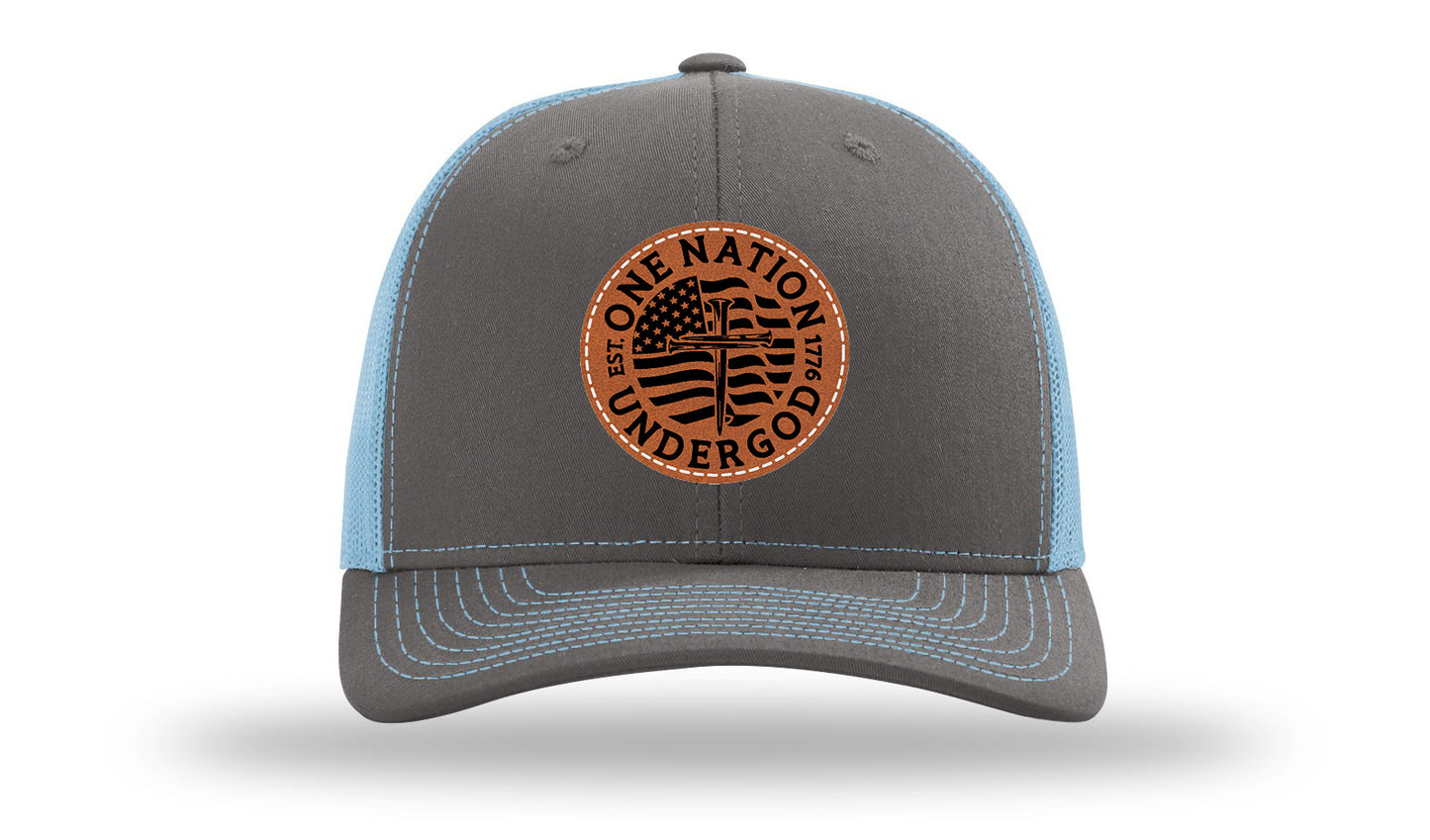 One Nation Under God Leather Patch Richardson 112 Hat-Charcoal / Columbia Blue