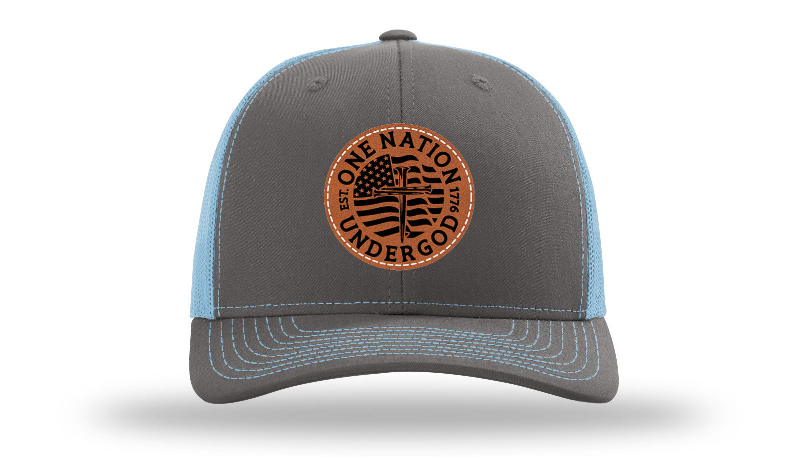 One Nation Under God Leather Patch Richardson 112 Hat-Charcoal / Columbia Blue