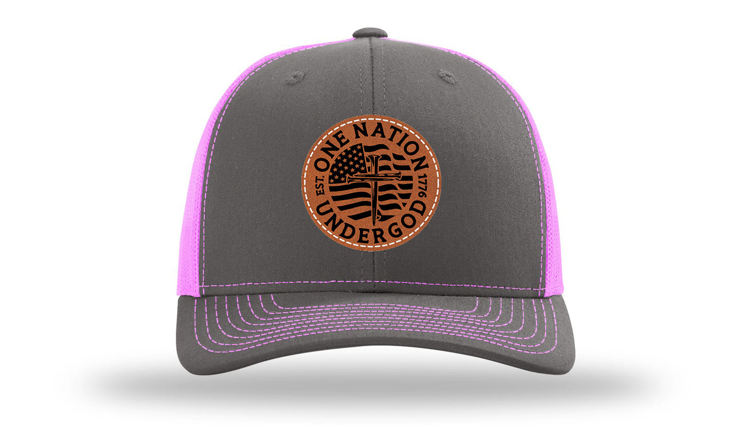 One Nation Under God Leather Patch Richardson 112 Hat-Charcoal / Neon Pink