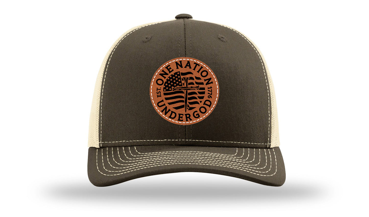 One Nation Under God Leather Patch Richardson 112 Hat-Chocolate Chip/  Birch