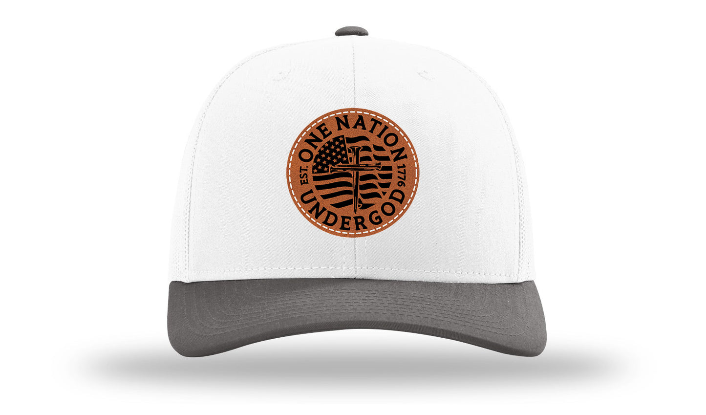 One Nation Under God Leather Patch Richardson 112 Hat-White / Charcaol - CMB 