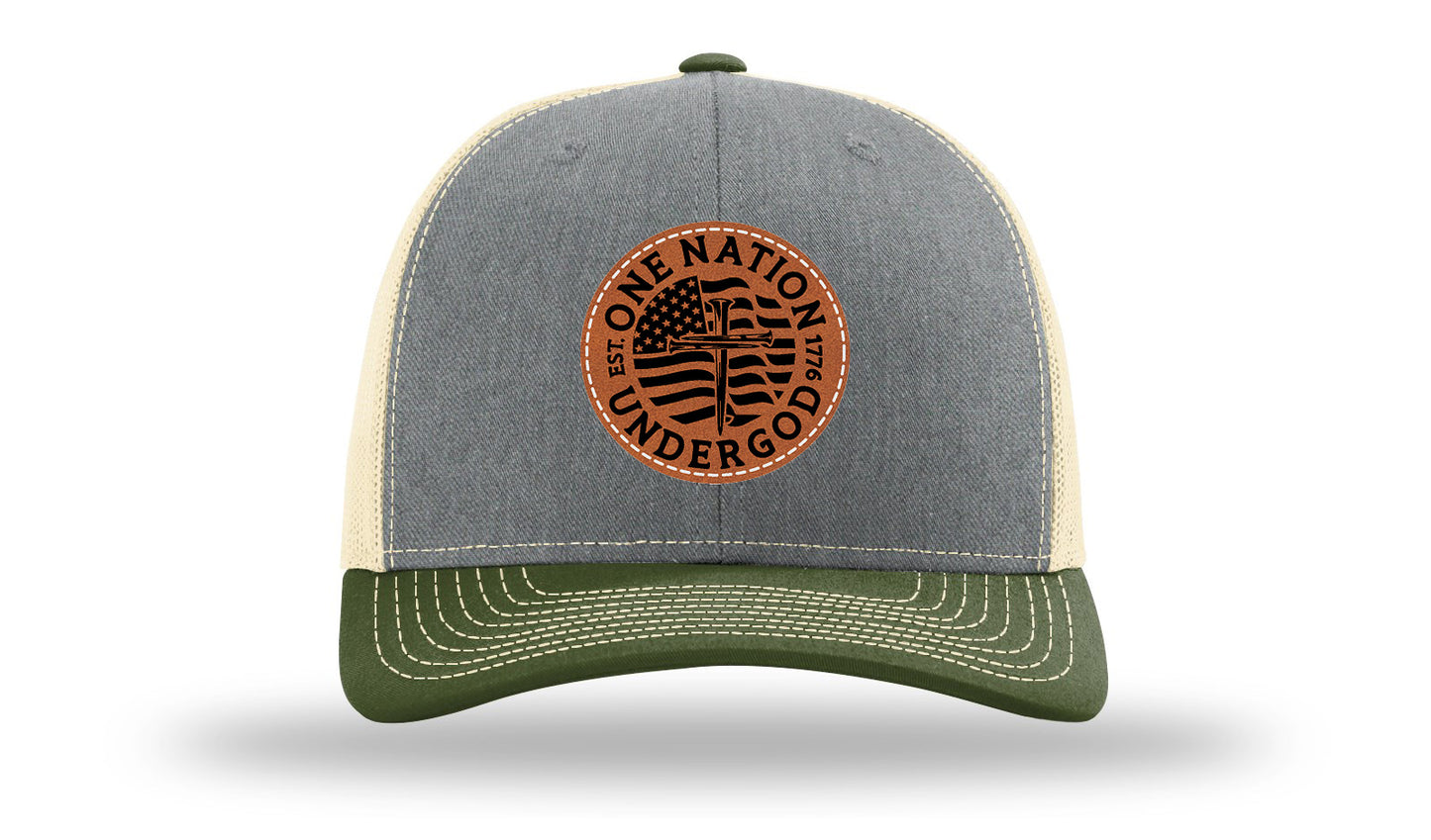 One Nation Under God Leather Patch Richardson 112 Hat-Heather Grey / Birch / Army Olive